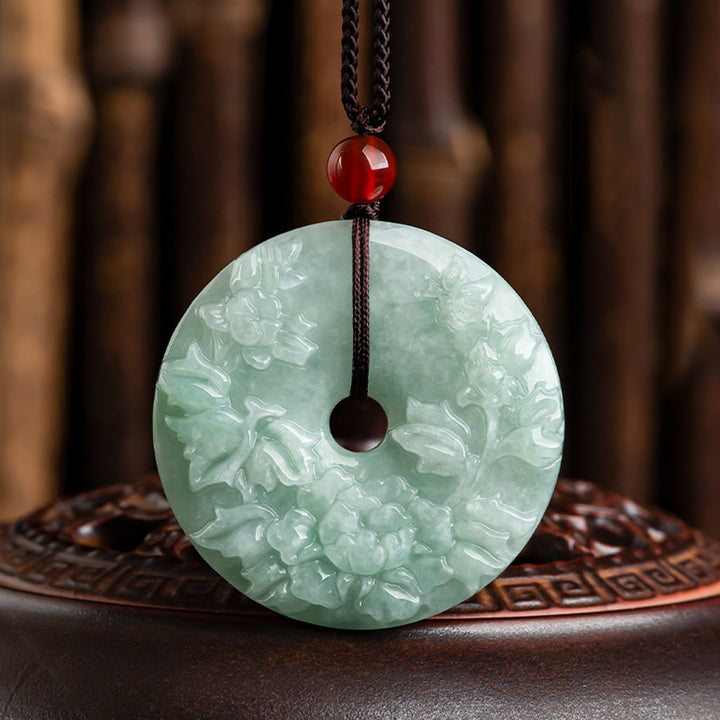 Collana con ciondolo a forma di fiore di peonia con Buddha Stones, giada rotonda e fibbia della pace