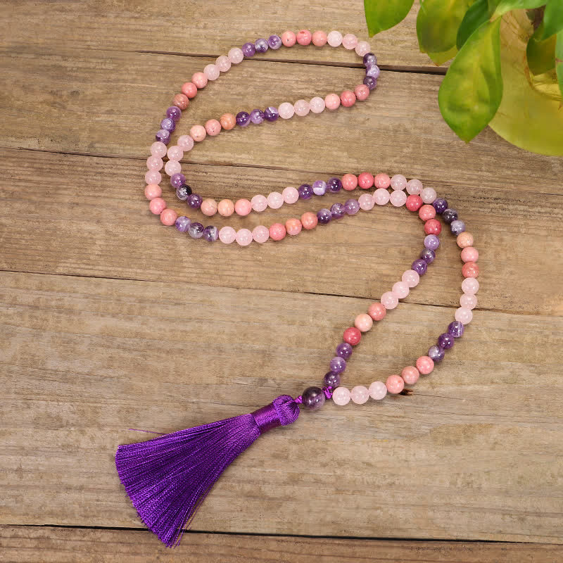 Buddha Stones 108 Mala Beads Ametista Quarzo Rosa Braccialetto con Nappa di Guarigione Spirituale