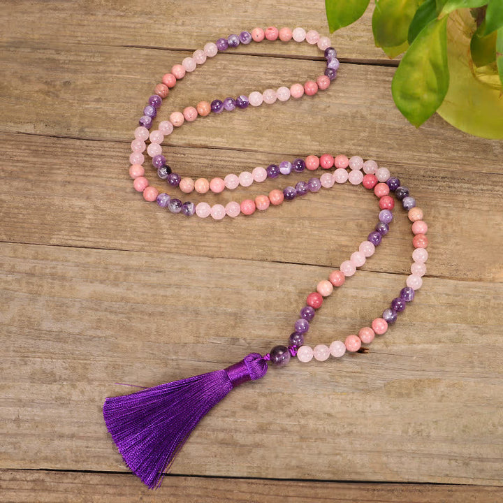 Buddha Stones 108 Mala Beads Ametista Quarzo Rosa Braccialetto con Nappa di Guarigione Spirituale
