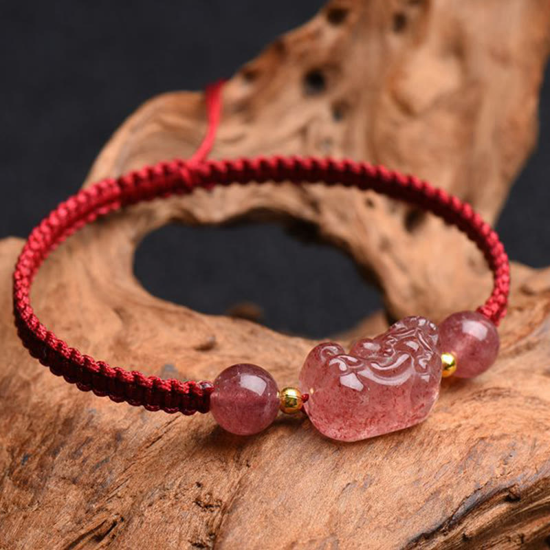 Braccialetto portafortuna rosso con corda PiXiu in quarzo fragola naturale Buddha Stones