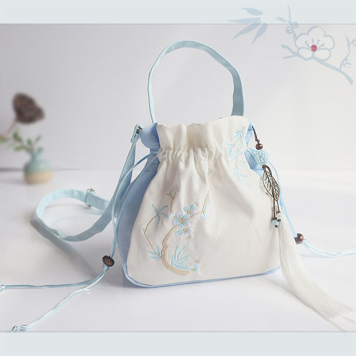 Borsa a tracolla in tela con fiori ricamati a mano con Buddha Stones