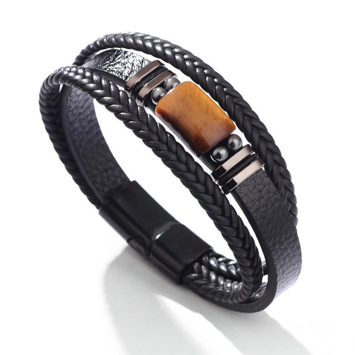 Braccialetto in pelle multistrato con fibbia magnetica e occhio di tigre Buddha Stones