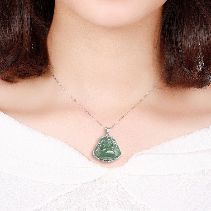 Collana con Buddha Stones in argento sterling 925 con ciondolo a forma di Buddha che ride, giada naturale, fortuna e prosperità - image 8