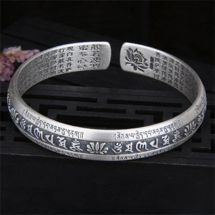 Buddha Stones 999 Sterling Silver Om Mani Padme Hum Cuore Sutra Lotus Peace Bracciale Bangle