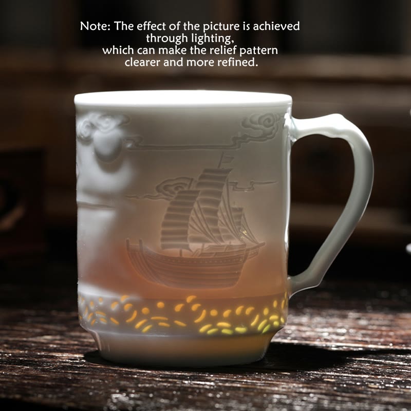 Buddha Stones Jingdezhen Linglong Porcellana Drago di Buon Auspicio Barca Fenice Navigazione Liscia Tazza da Tè in Ceramica Tazze da Tè da Ufficio 420ml