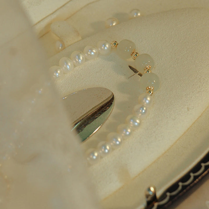 Braccialetto a catena con perle di sincerità in giada bianca e giada ciano di Hetian, placcato in oro 14K