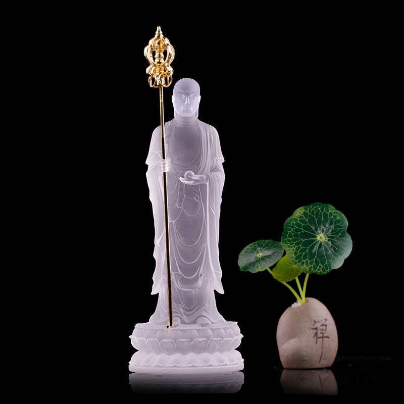 Buddha Stones fatte a mano Ksitigarbha Bodhisattva Figurina Liuli Cristallo Pezzo d'arte Statua della serenità Decorazione per la casa