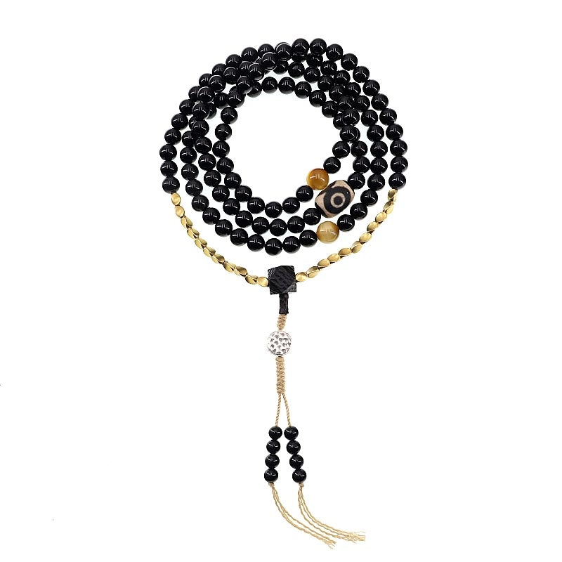 Buddha Stones Tibetano 108 Mala Beads Onice Nero Tre Occhi Dzi Beads Bracciale di Protezione