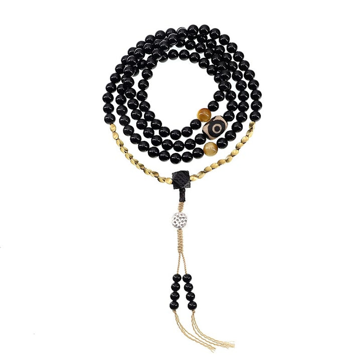 Buddha Stones Tibetano 108 Mala Beads Onice Nero Tre Occhi Dzi Beads Bracciale di Protezione