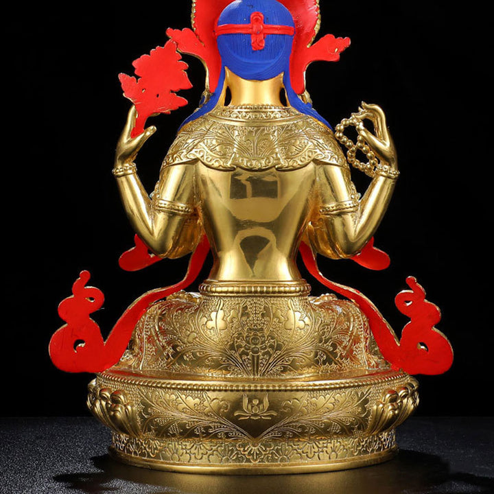 Statua di protezione di Avalokitesvara a quattro braccia di Chenrezig, placcata in oro e rame
