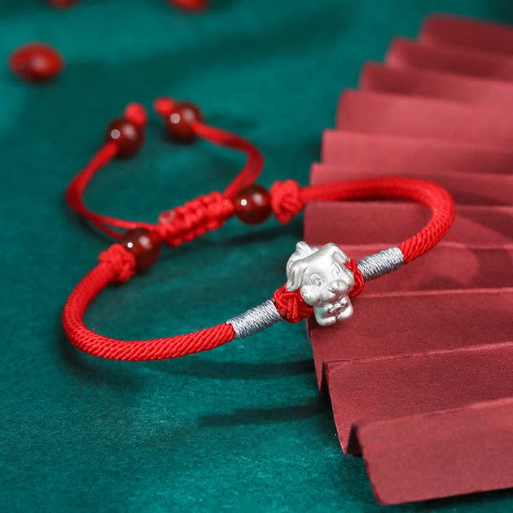 Braccialetto in corda rossa con Buddha Stones in argento sterling 999, zodiaco cinese, fortuna e forza