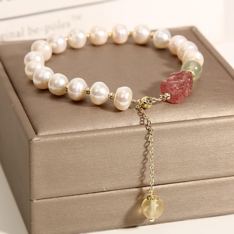 Braccialetto con ciondolo ottimismo PiXiu in quarzo fragola e perle naturali Buddha Stones