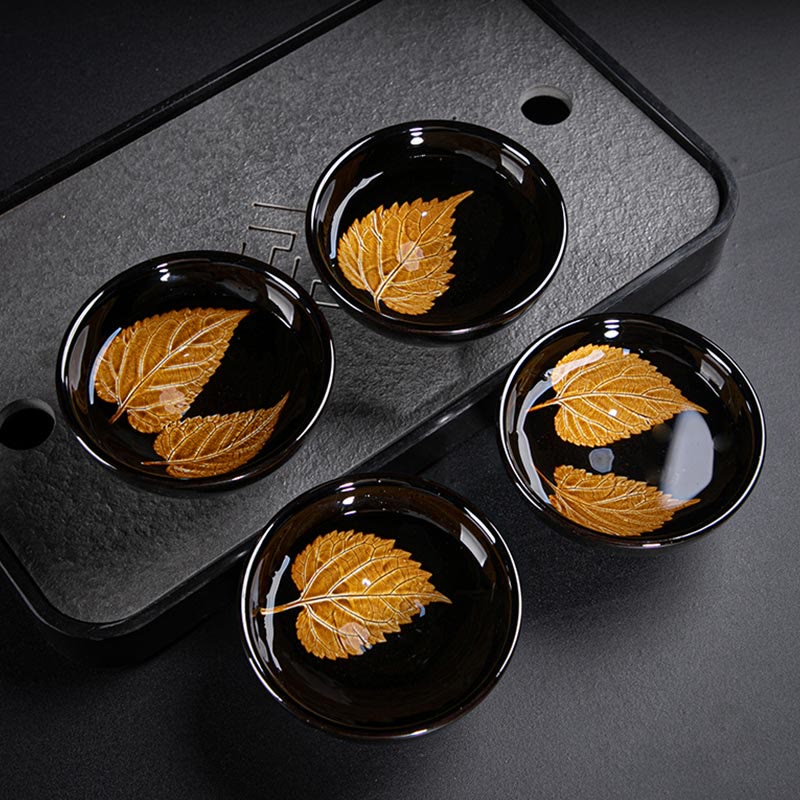 Buddha Stones Foglia d'acero dorata Tazza da tè cinese Jianzhan in ceramica Tazza da tè Tenmoku Kung Fu