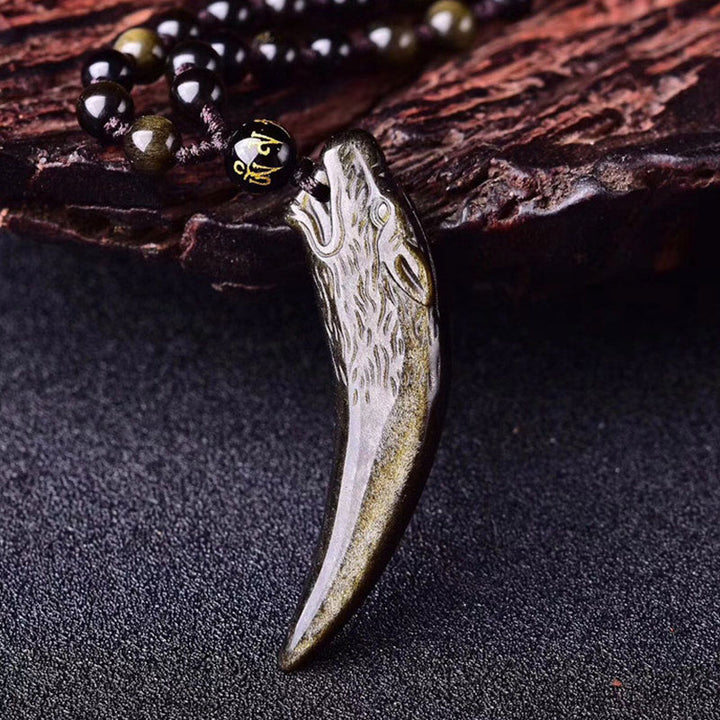 Buddha Stones Collana con ciondolo in ossidiana nera naturale, ossidiana di ghiaccio, ossidiana arcobaleno con motivo a dente di lupo e forza. - image 22