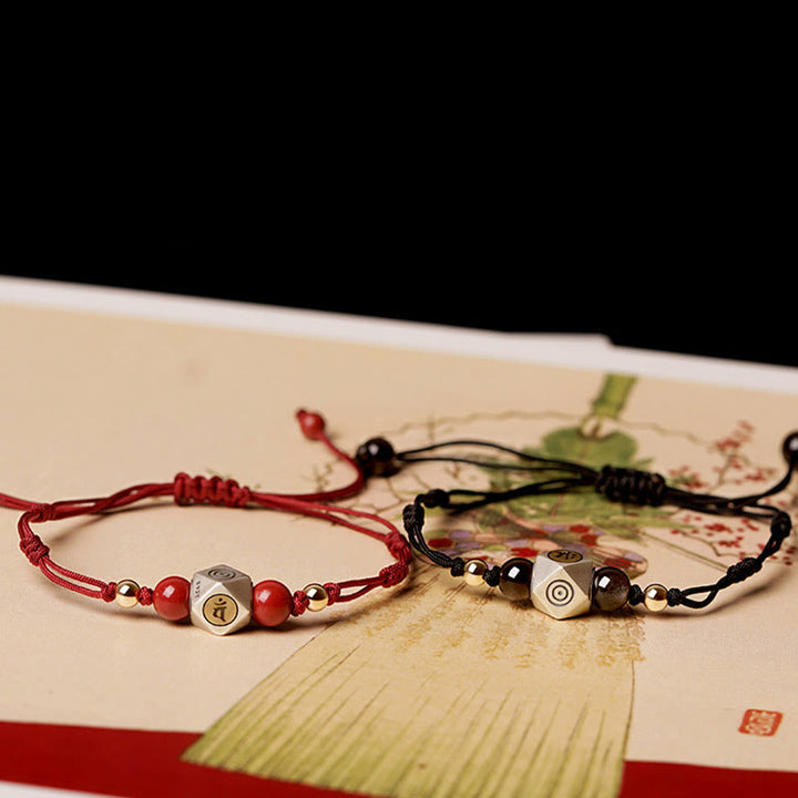 Braccialetto intrecciato calmo in argento sterling 925 fatto a mano con cinabro e zodiaco cinese Buddha Stones