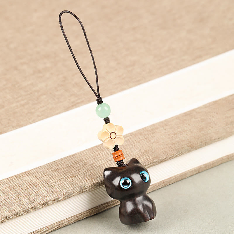Buddha Stones Mini Piccola Foglia Sandalo Rosso Legno di Ebano Gatto Fortunato Adorabile Gattino Pace Portachiavi Telefono Appeso Decorazione - Decorazione da appendere al telefono - Gatto d'ebano - image 14