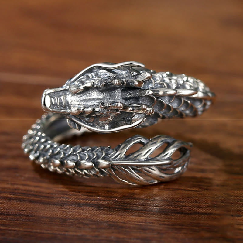 Anello regolabile Buddha Stones 925 Sterling Silver Vintage Dragon Success Protection Strength