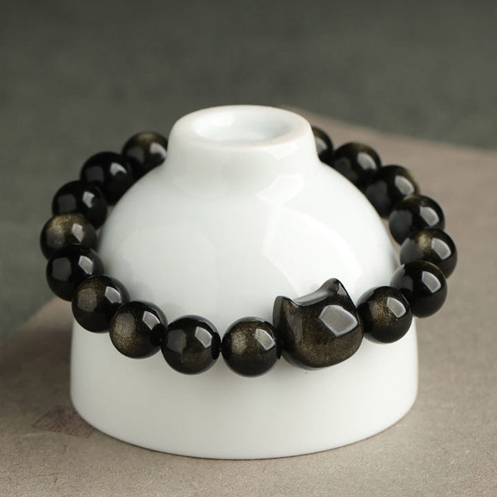 Braccialetto di protezione con gatto portafortuna e zampa adorabile , Buddha Stones, ossidiana lucida d'oro, ossidiana lucida d'argento - image 2