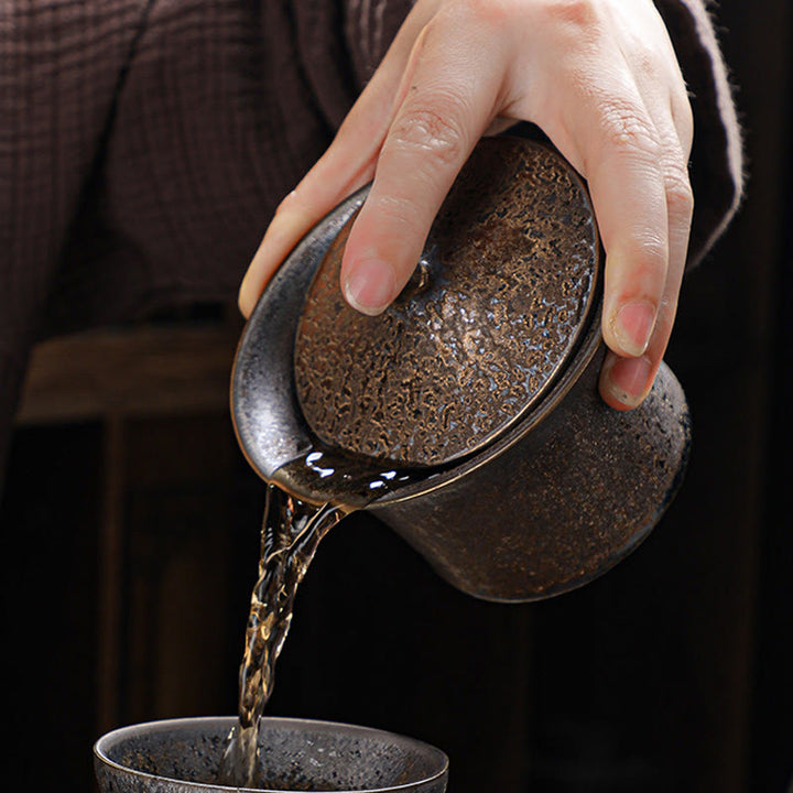 Buddha Stones Retro Rust Glaze Ceramic Gaiwan Sancai Tazza da tè Kung Fu Tazza da tè e piattino con coperchio
