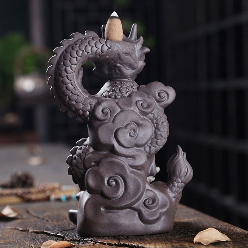 Buddha Stones Buddha Drago Nuvole di buon auspicio Argilla viola Bruciatore di incenso curativo Decorazione