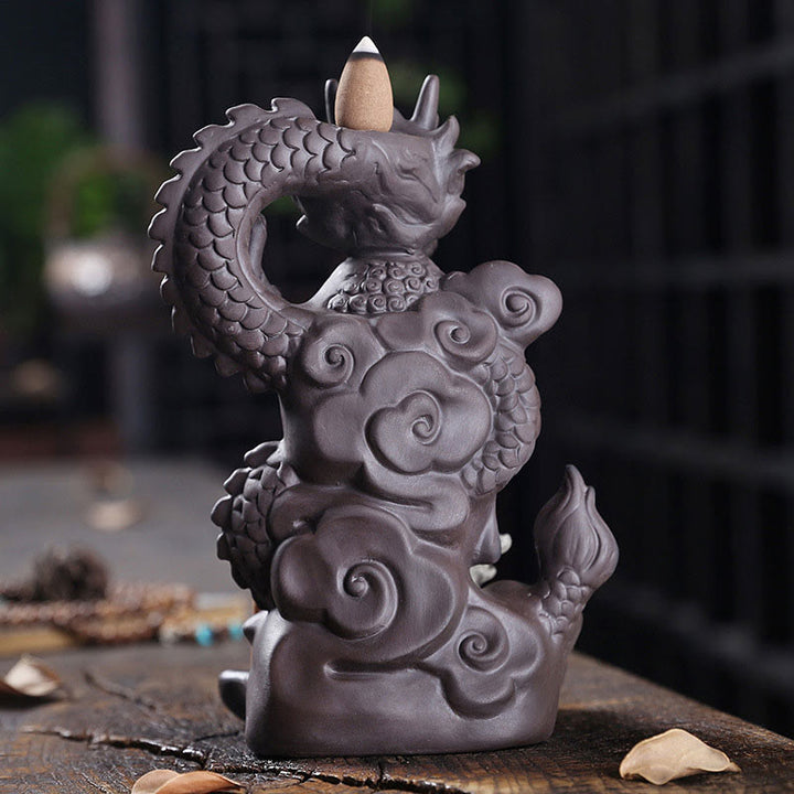 Buddha Stones Buddha Drago Nuvole di buon auspicio Argilla viola Bruciatore di incenso curativo Decorazione