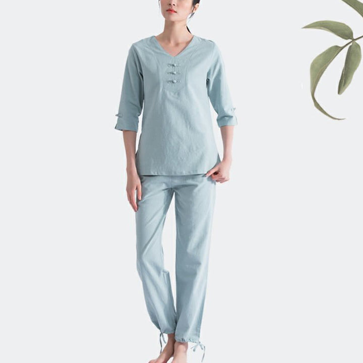 Buddha Stones Yoga Meditazione Preghiera Scollo a V Design Cotone Lino Abbigliamento Uniforme Zen Pratica Set da Donna