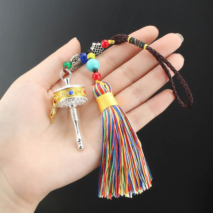 Tibet Om Mani Padme Hum Ruota di preghiera Borsa con nappa Decorazione da appendere all'auto