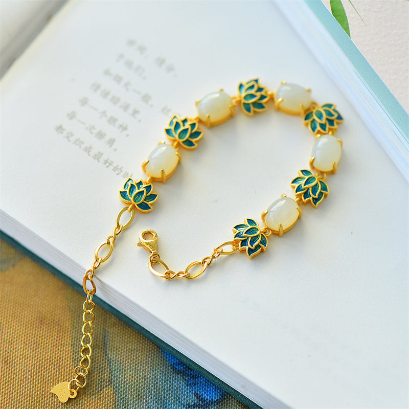 Braccialetto di protezione del loto in giada bianca e giada ciano Buddha Stones
