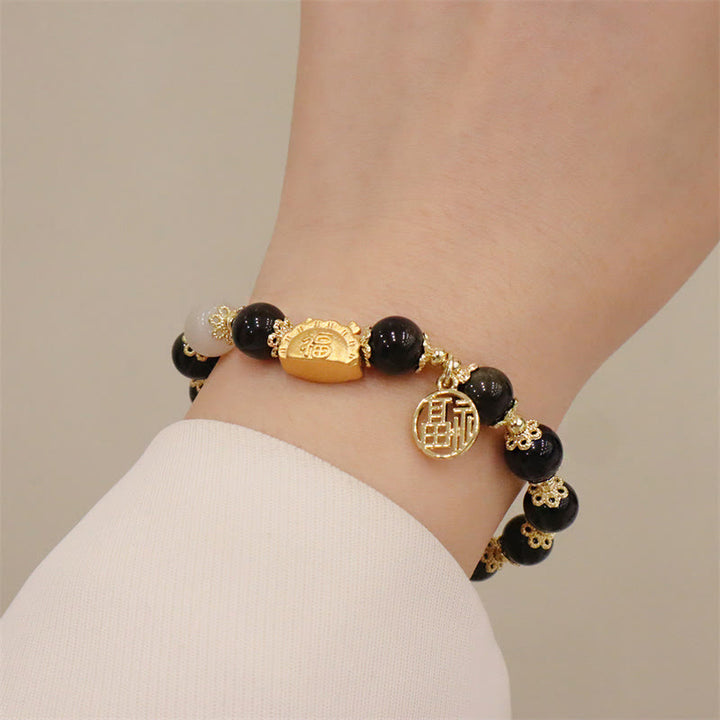 Buddha Stones Anno del Drago Agata Rossa Quarzo Fragola Ossidiana Nera Giada Granato Perla Cinabro Drago Gnocco Fortuna Fu Bracciale Personaggio - image 15