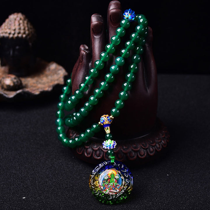 Buddha Stones 108 Mala Beads Agata verde naturale Bodhisattva Tara verde Braccialetto con ciondolo di manifestazione