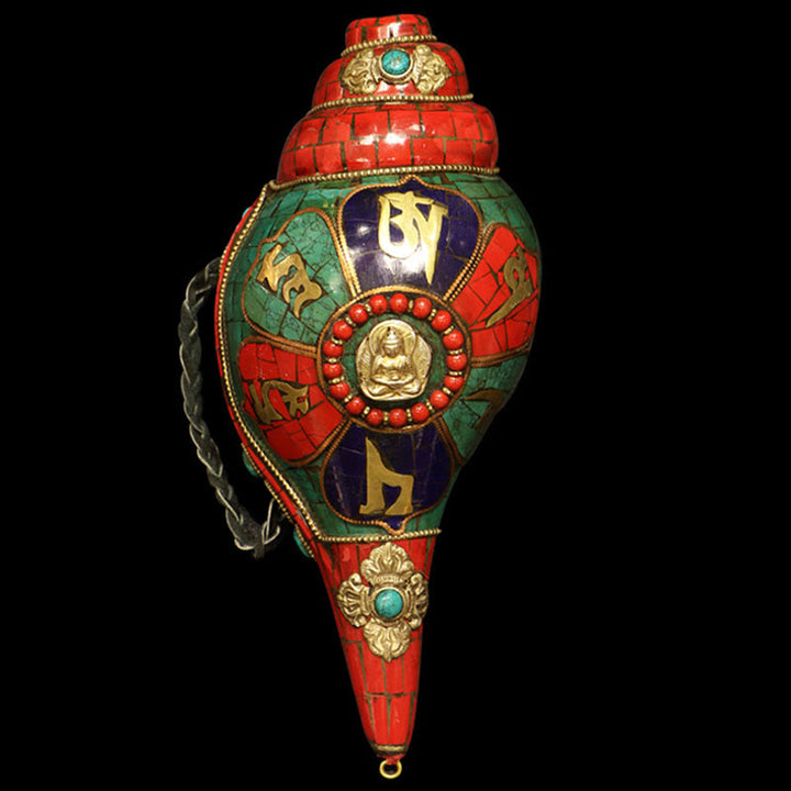 Shankha tibetano fatto a mano Om Mani Padme Hum Buddha Conch Shell Decorazione fortunata