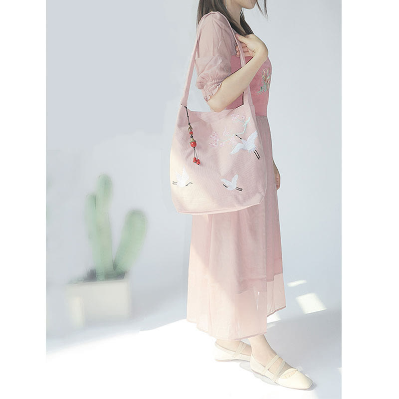 Buddha Stones Flower Crane Plum Blossom Ricamo Tela Grande Capacità Borsa a Tracolla Tote Bag