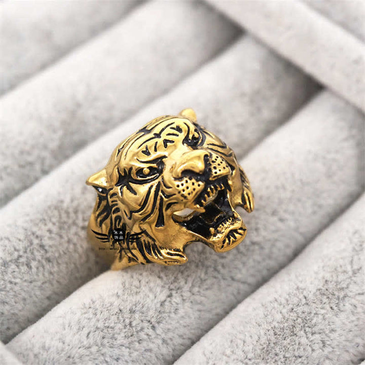 Anello da motociclista punk rock con testa di tigre in titanio e acciaio da uomo