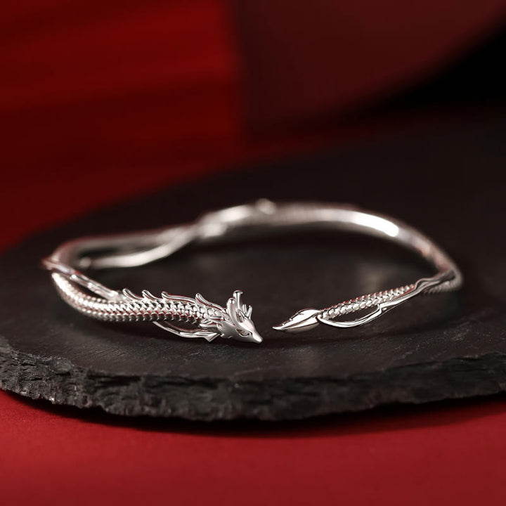 Bracciale rigido in metallo con design dell'anno del drago in argento sterling 925 Buddha Stones