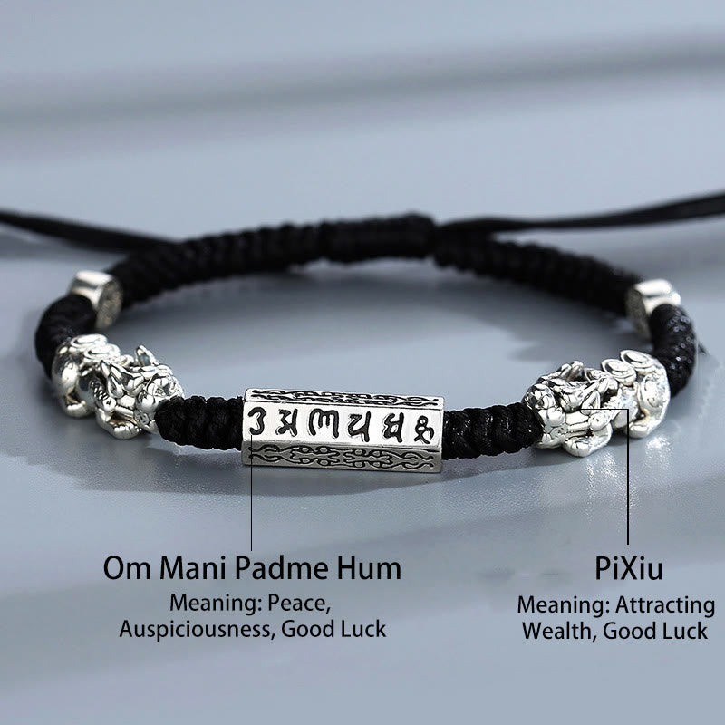 Buddha Stones Doppio PiXiu Feng Shui Moneta di rame Om Mani Padme Hum Braccialetto di corda