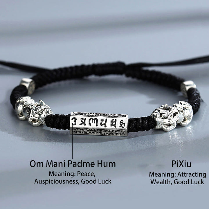 Buddha Stones Doppio PiXiu Feng Shui Moneta di rame Om Mani Padme Hum Braccialetto di corda