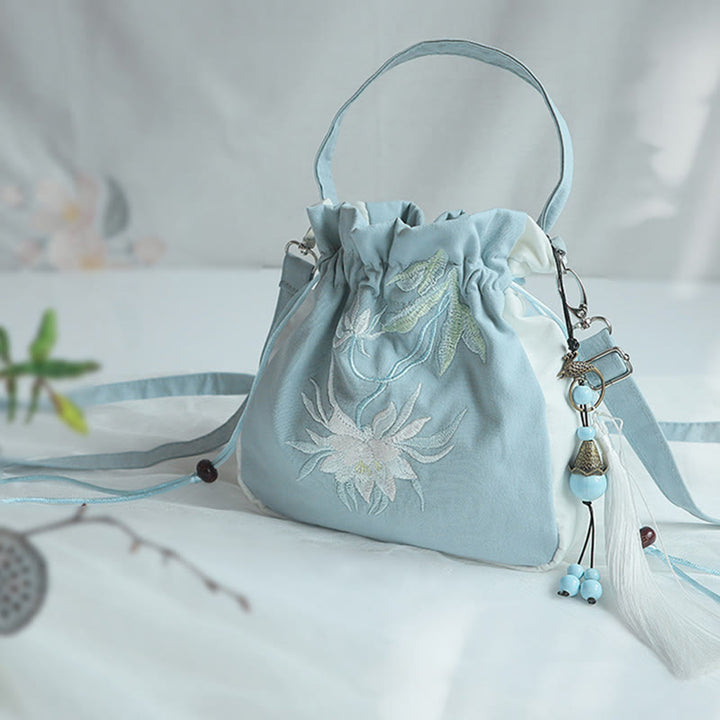 Borsa a tracolla in tela con fiori ricamati a mano con Buddha Stones