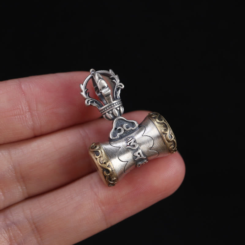 Buddha Stones Tibet 925 Sterling Silver Om Mani Padme Hum Dorje Campana Vajra Inciso Illuminazione Ciondolo Appeso Decorazione
