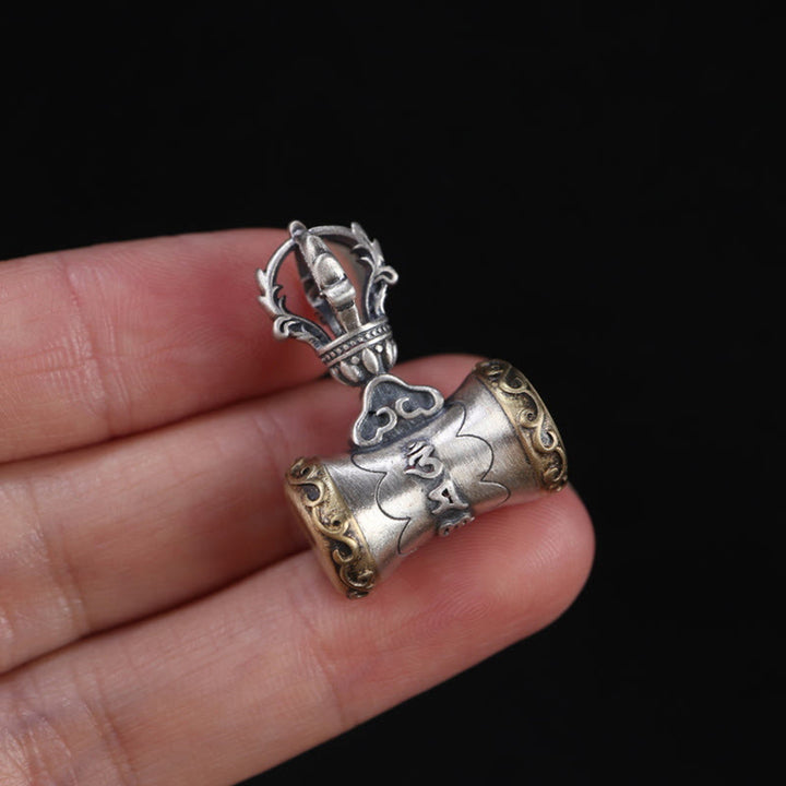 Buddha Stones Tibet 925 Sterling Silver Om Mani Padme Hum Dorje Campana Vajra Inciso Illuminazione Ciondolo Appeso Decorazione