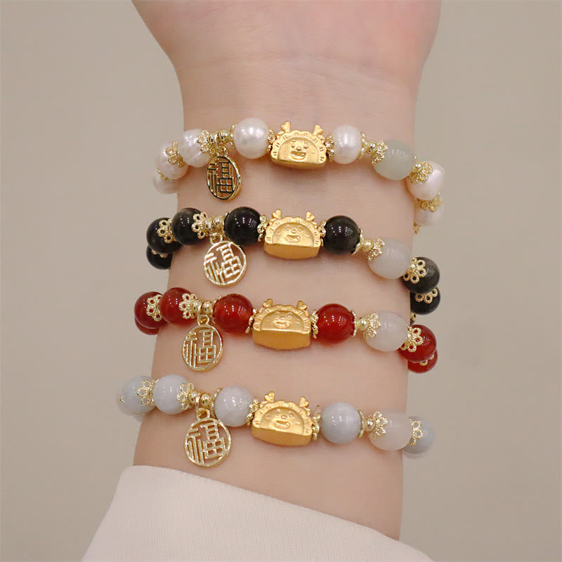 Buddha Stones Anno del Drago Agata Rossa Quarzo Fragola Ossidiana Nera Giada Granato Perla Cinabro Drago Gnocco Fortuna Fu Bracciale Personaggio - image 1
