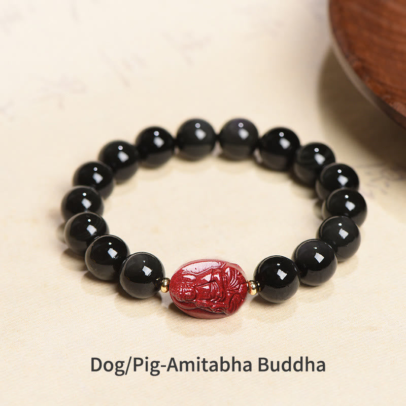 Buddha Stones Zodiaco cinese Buddha natale Ossidiana nera naturale Braccialetto di purificazione Cinabro