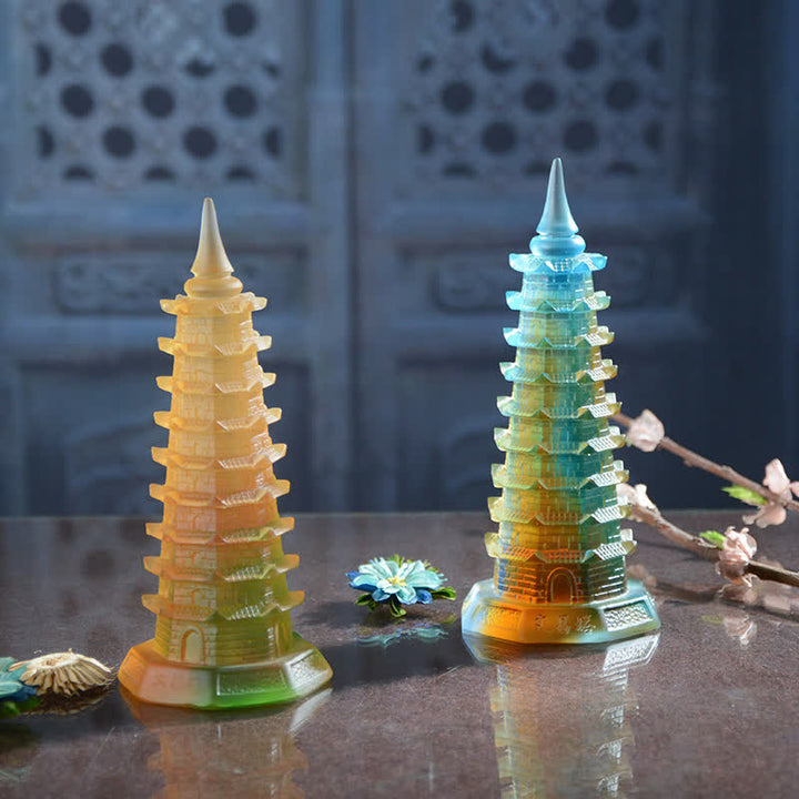 Torre di Wenchang Feng Shui fatta a mano in cristallo Liuli Pagoda Pezzo d'arte Fortuna Decorazione per ufficio in casa