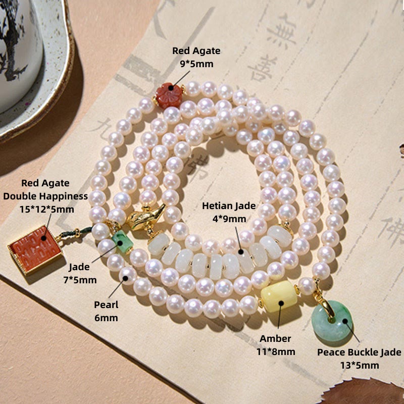 Braccialetto a quattro giri Buddha Stones in argento sterling 925 con perle, giada Hetian, agata rossa, doppia felicità, ambra e fortuna
