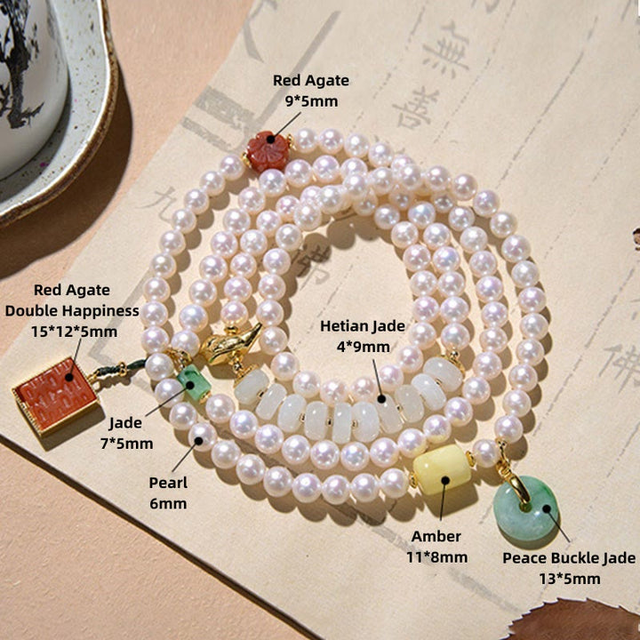 Braccialetto a quattro giri Buddha Stones in argento sterling 925 con perle, giada Hetian, agata rossa, doppia felicità, ambra e fortuna