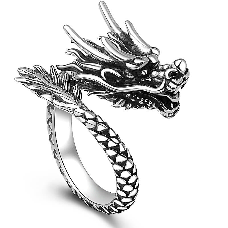 Anello regolabile Buddha Stones 990 Sterling Silver Vintage Dragon Design Luck Protection Strength - Nero vintage (US7- US12 regolabile) - image 0