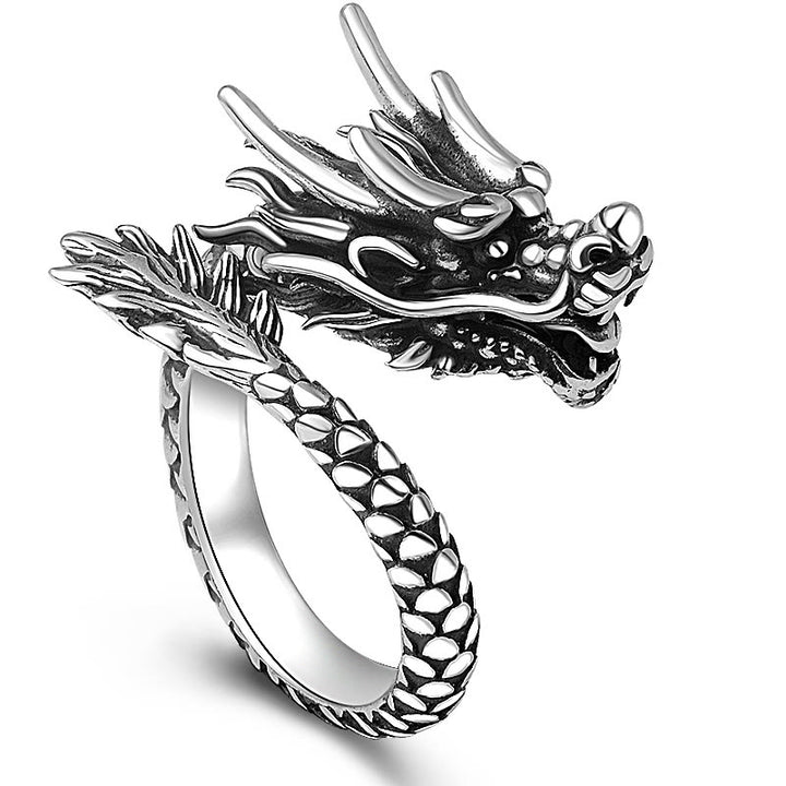 Anello regolabile Buddha Stones 990 Sterling Silver Vintage Dragon Design Luck Protection Strength - Nero vintage (US7- US12 regolabile) - image 0