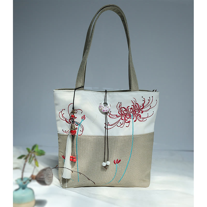 Borsa a tracolla grande capacità in tela con ricamo in bambù, prugna, fiore di pera, pesco