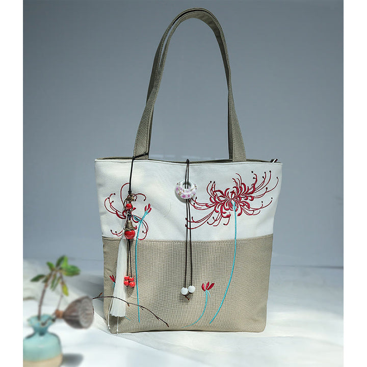 Borsa a tracolla grande capacità in tela con ricamo in bambù, prugna, fiore di pera, pesco