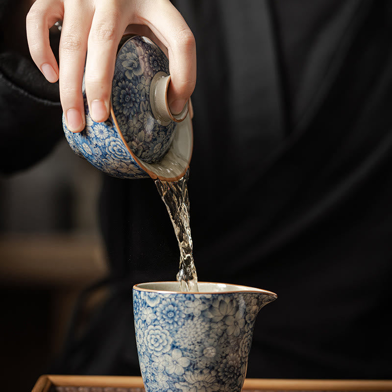 Buddha Stones Vintage Blu e Bianco Porcellana Fiore di Pesco Loto Peonia Ceramica Gaiwan Sancai Tazza da Tè Kung Fu Tazza da Tè e Piattino con Coperchio - image 8