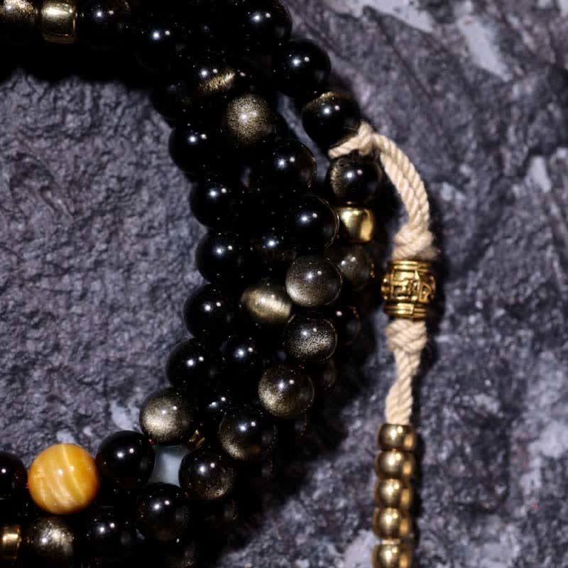 Buddha Stones 108 Mala Beads Oro Lucente Ossidiana Occhio di Tigre Pietra Occhio d'Aquila Bracciale della Ricchezza